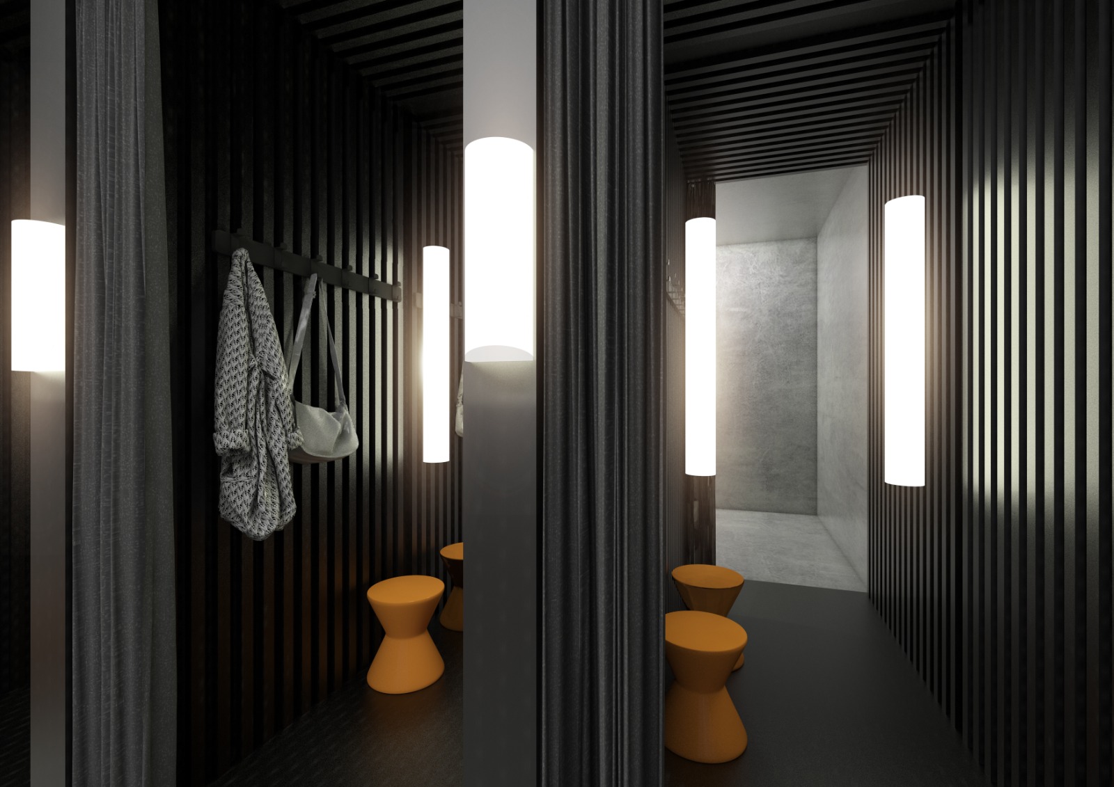 Arandela moderna fio 50cm instalada em parede de ambiente interno, iluminando com luz suave e decorando espaço sofisticado com mesa de mármore e prateleiras ao fundo.